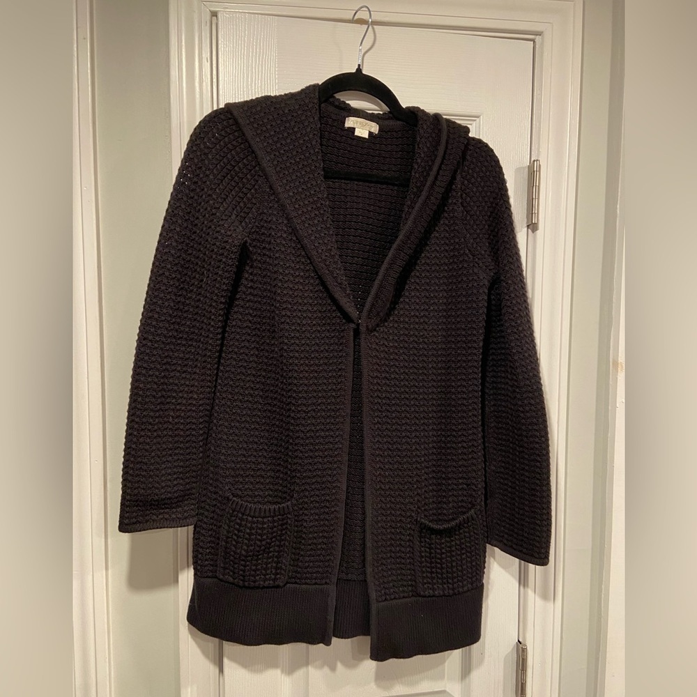 Guess Jean Size M Black Cotton Clasp Front Waffle Knit Hooded Cardigan Sweater